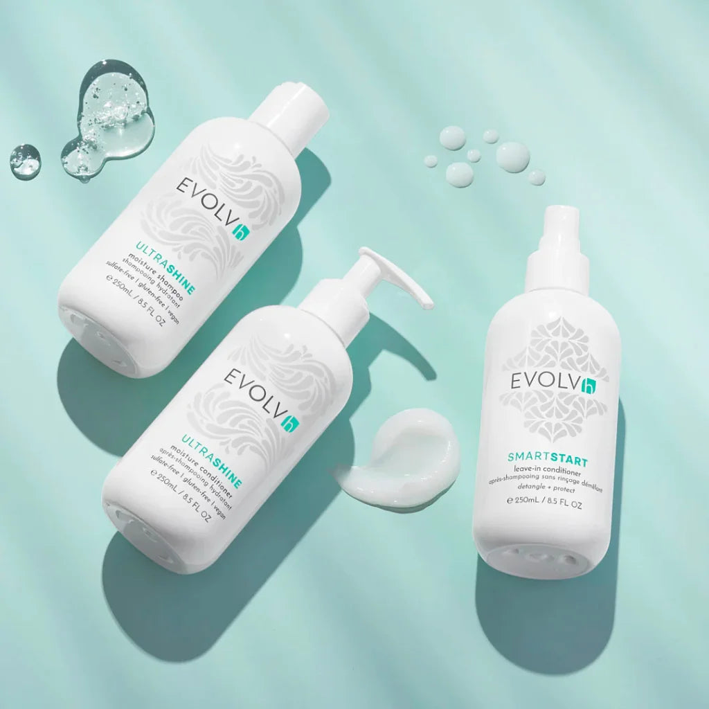 The Evolvh Healthy Hair Trio Set includes a shampoo that offers a gentle yet thorough cleansing experience, removing impurities without compromising hair integrity. Simultaneously, the conditioner provides optimal hydration and detangling benefits, without burdening your hair. To add the perfect final touch, our top-selling leave-in treatment seals the hair cuticle, resulting in a dazzling shine and the silkiest texture imaginable. (1)