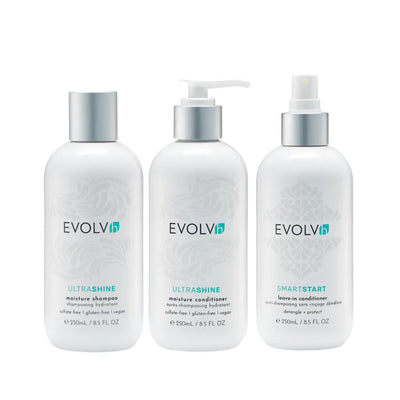 The Evolvh Healthy Hair Trio Set includes a shampoo that offers a gentle yet thorough cleansing experience, removing impurities without compromising hair integrity. Simultaneously, the conditioner provides optimal hydration and detangling benefits, without burdening your hair. To add the perfect final touch, our top-selling leave-in treatment seals the hair cuticle, resulting in a dazzling shine and the silkiest texture imaginable.