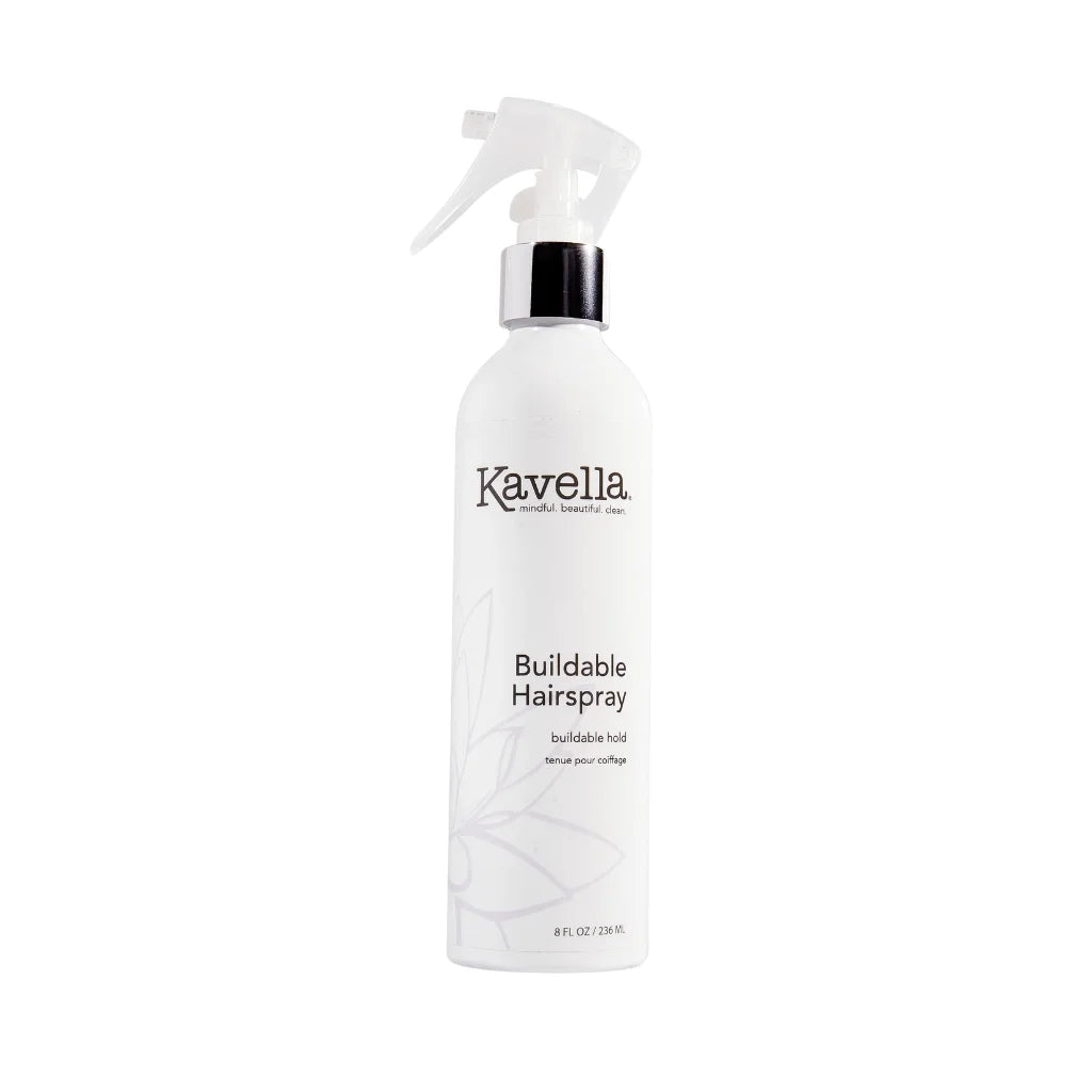 Non aerosol hairspray delivering buildable hold and finished style. Anti-humidity spray that delivers hair texture and shine. Fragrance free, Vegan. Kavella Buildable Hairspray