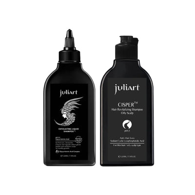 JuliArt's starter kit includes the Exfoliating Liquid Shampoo that removes excessive keratin buildup without stripping the hair of its natural oils, leaving your hair feeling clean and healthy, and the Oily Scalp Hair Revitalizing Shampoo cleanses, revitalizes, and protects the hair while keeping it smelling great.