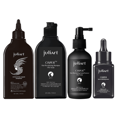 Oily hair with hair loss products, JuliArt Echo System for hair loss with greasy hair
