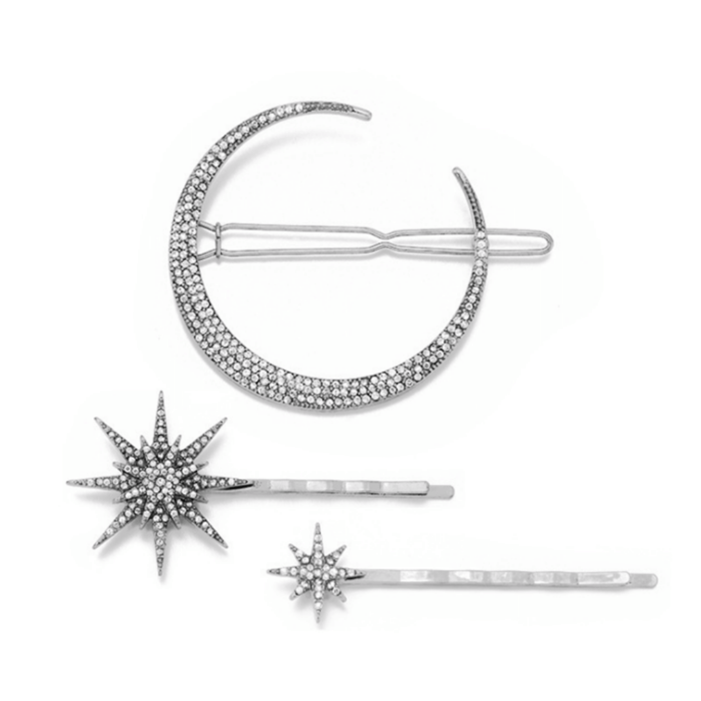 Crescent Moon and Star Hair Barrette Set Silver