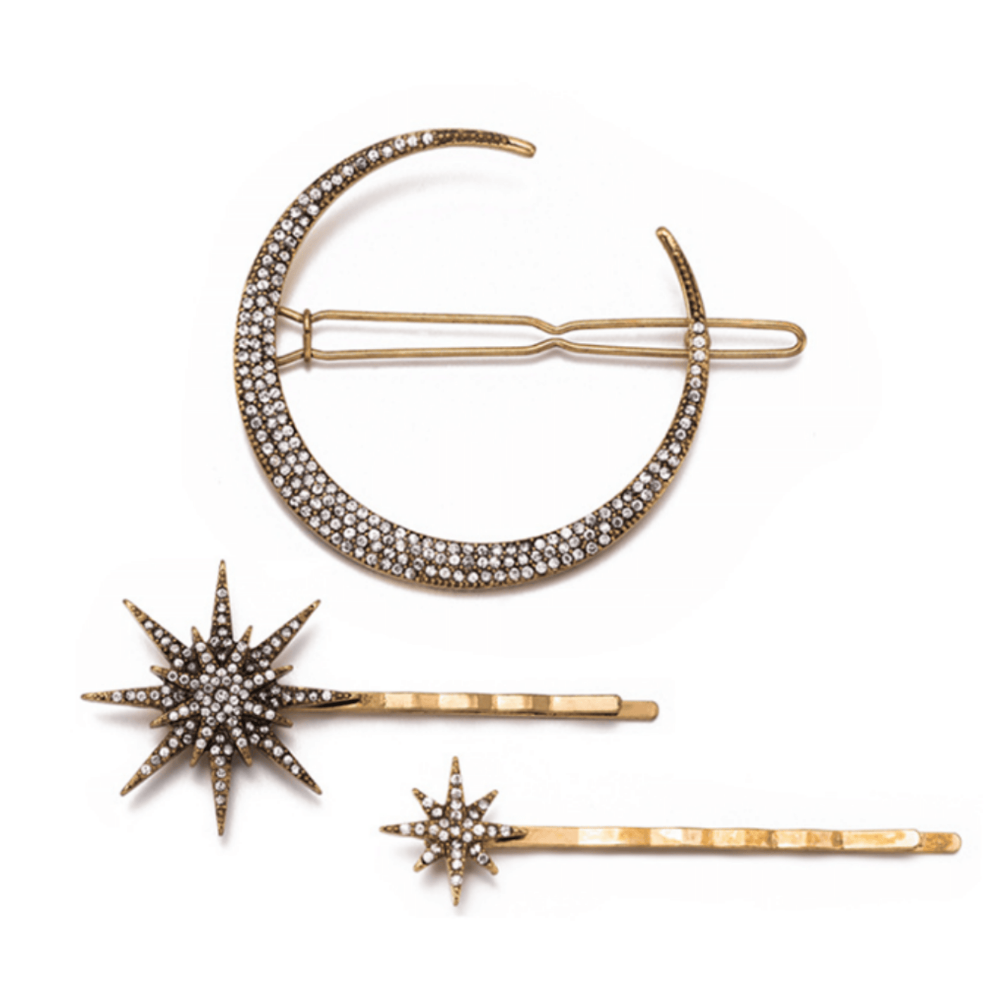 Crescent Moon and Star Hair Barrette Set Gold